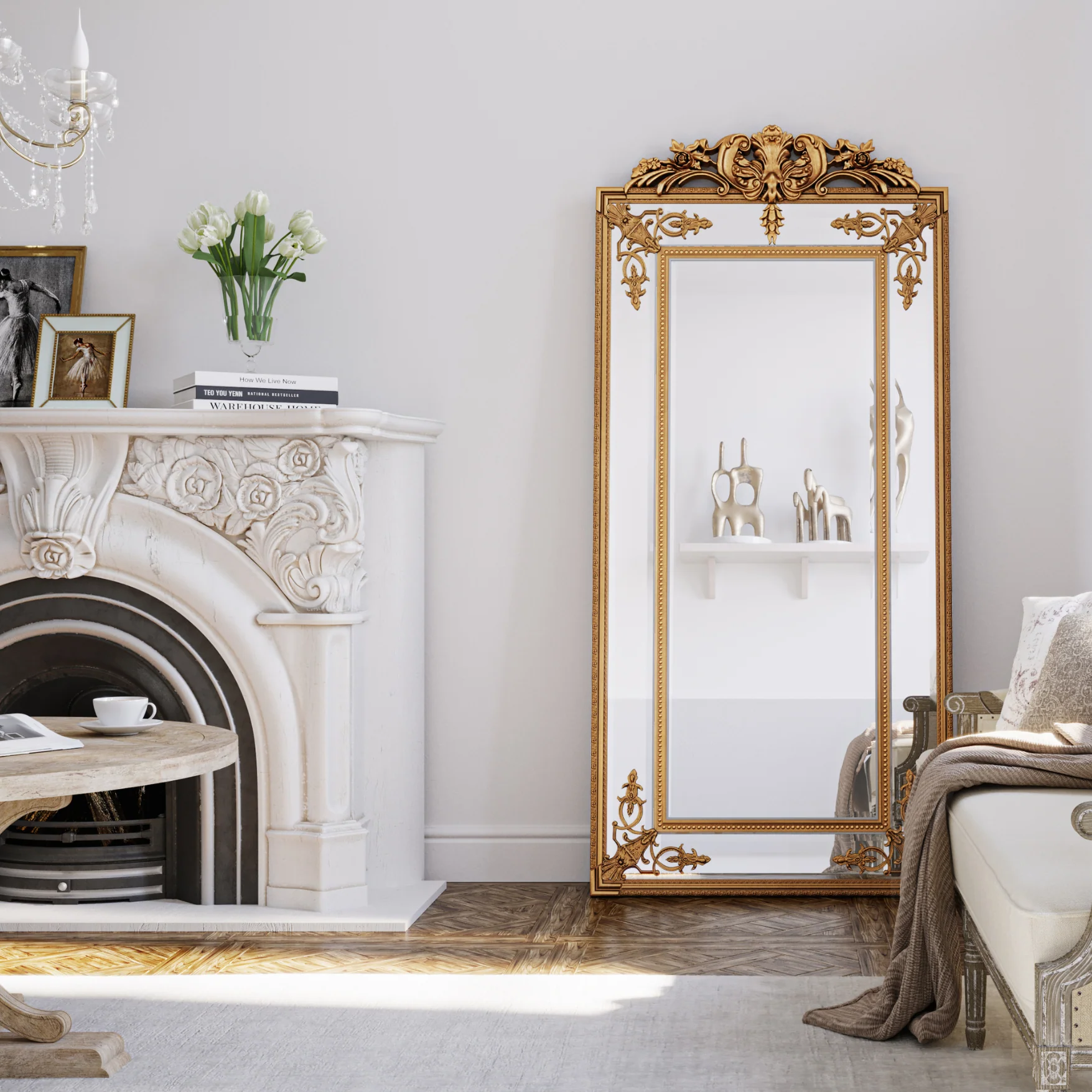 Fleury Mirror: French Gilt Gold Floor Mirror with Intricate Carvings - Image 3