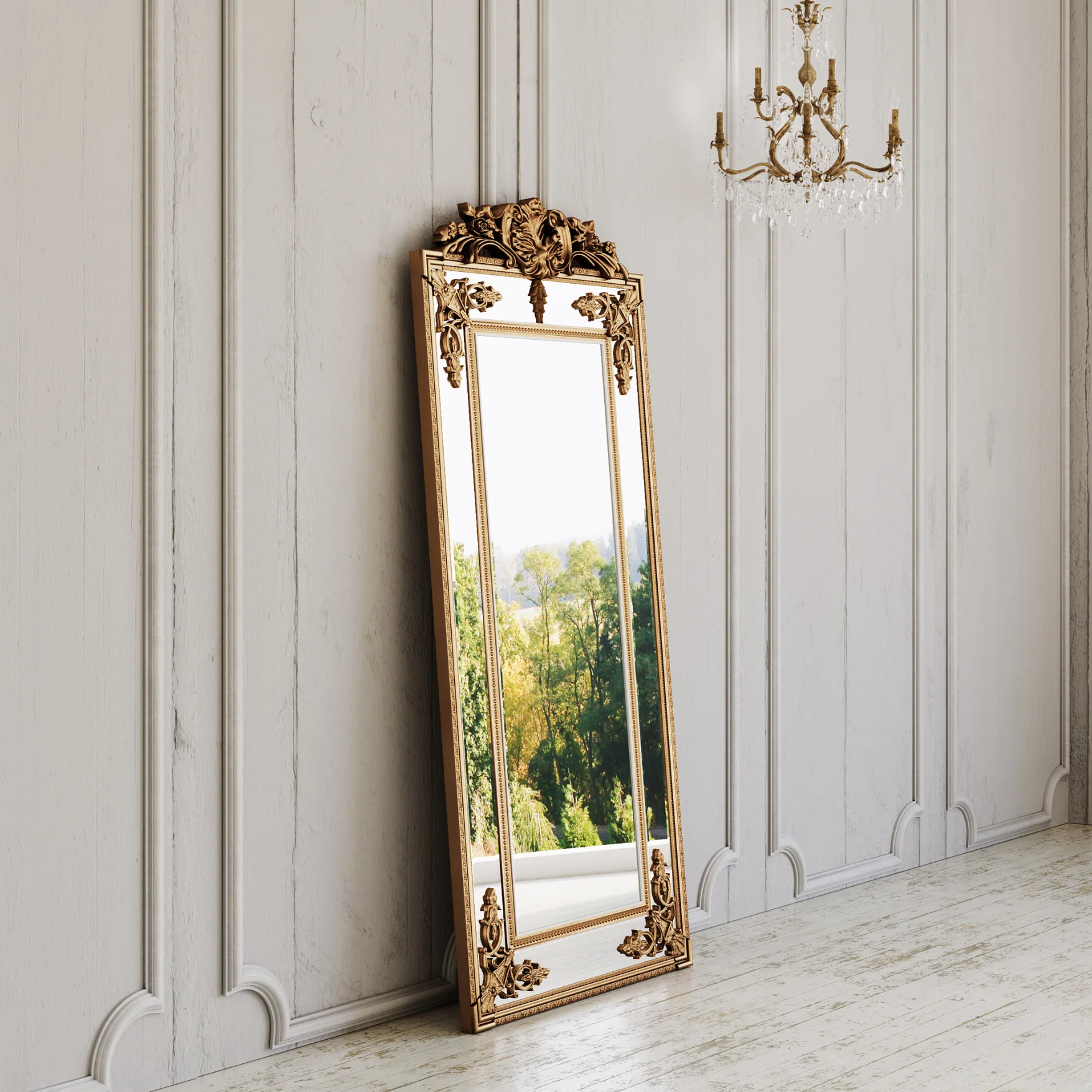 Fleury Mirror: French Gilt Gold Floor Mirror with Intricate Carvings - Image 4