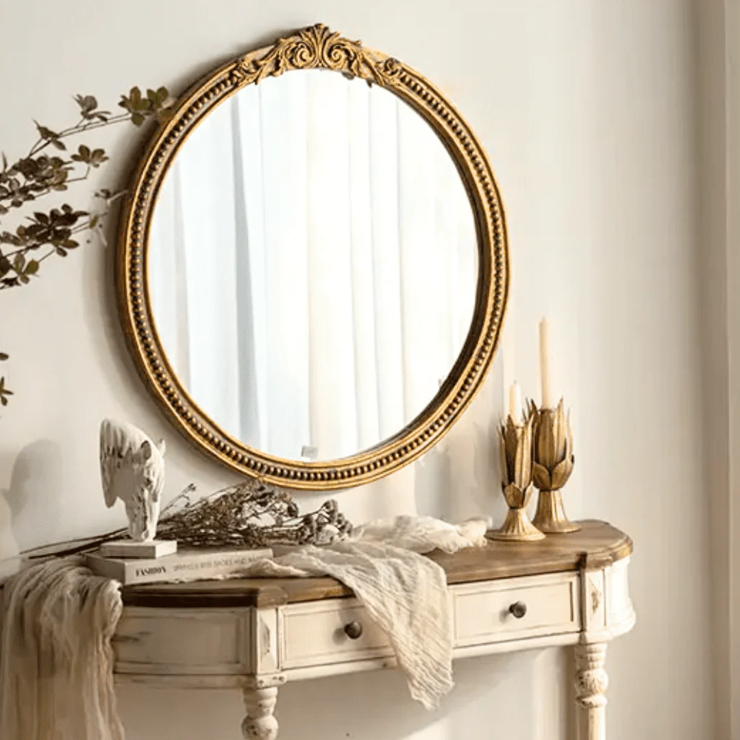 Marais Mirror, Round: French Gilt Gold Mirror With Elegant Details - Image 4
