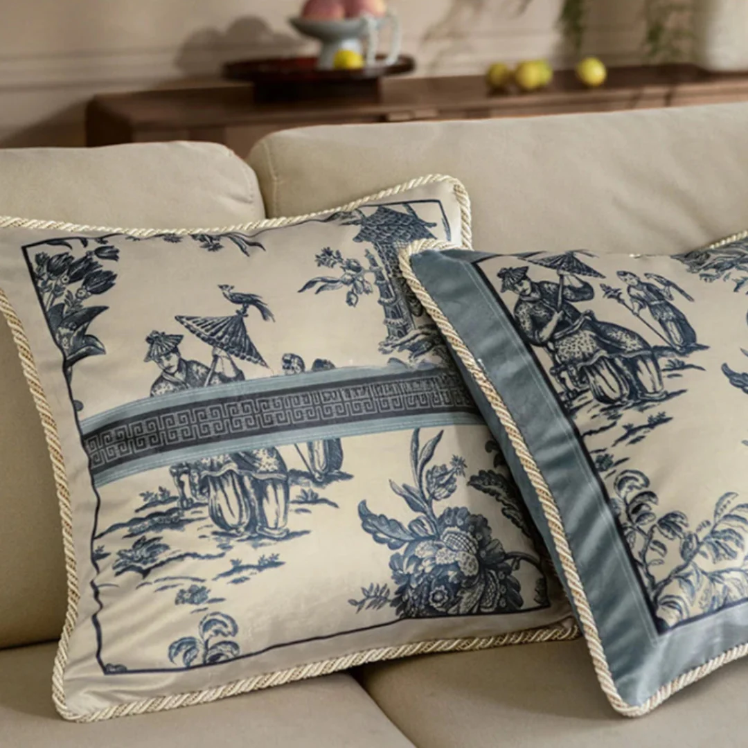 Velvet Toile De Jouy, Delft Blue Pillow Covers - Image 3