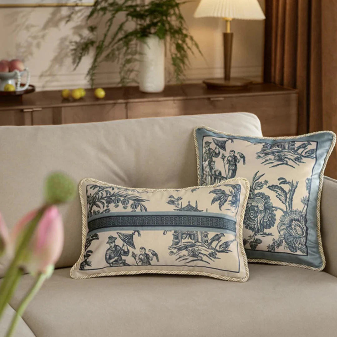 Velvet Toile De Jouy, Delft Blue Pillow Covers - Image 4