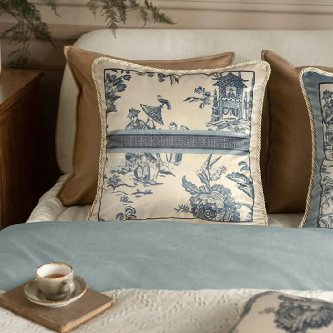 Velvet Toile De Jouy, Delft Blue Pillow Covers - Image 5