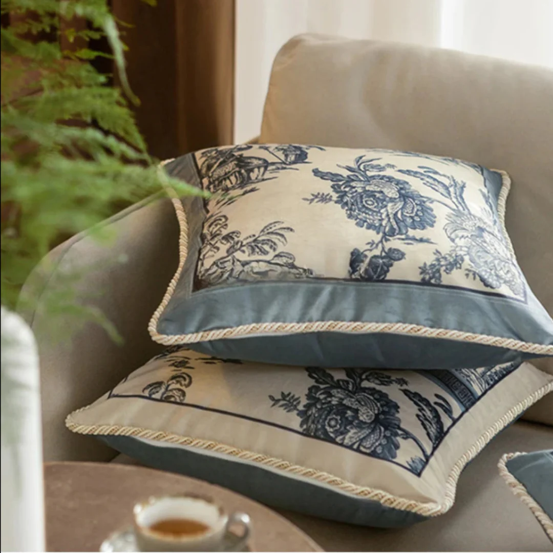 Velvet Toile De Jouy, Delft Blue Pillow Covers - Image 6