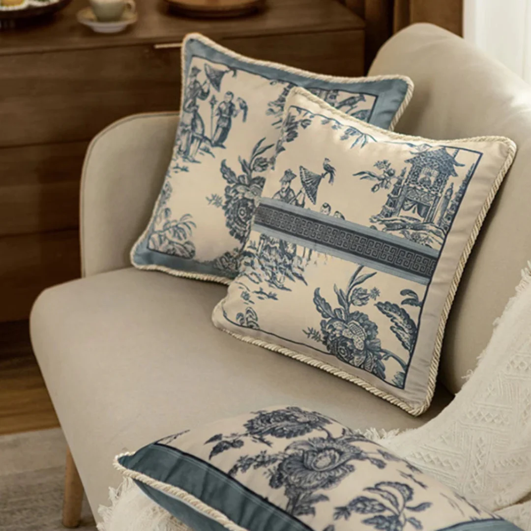 Velvet Toile De Jouy, Delft Blue Pillow Covers - Image 8