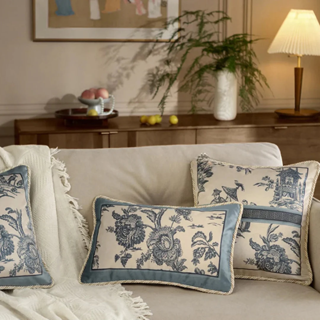 Velvet Toile De Jouy, Delft Blue Pillow Covers - Image 9